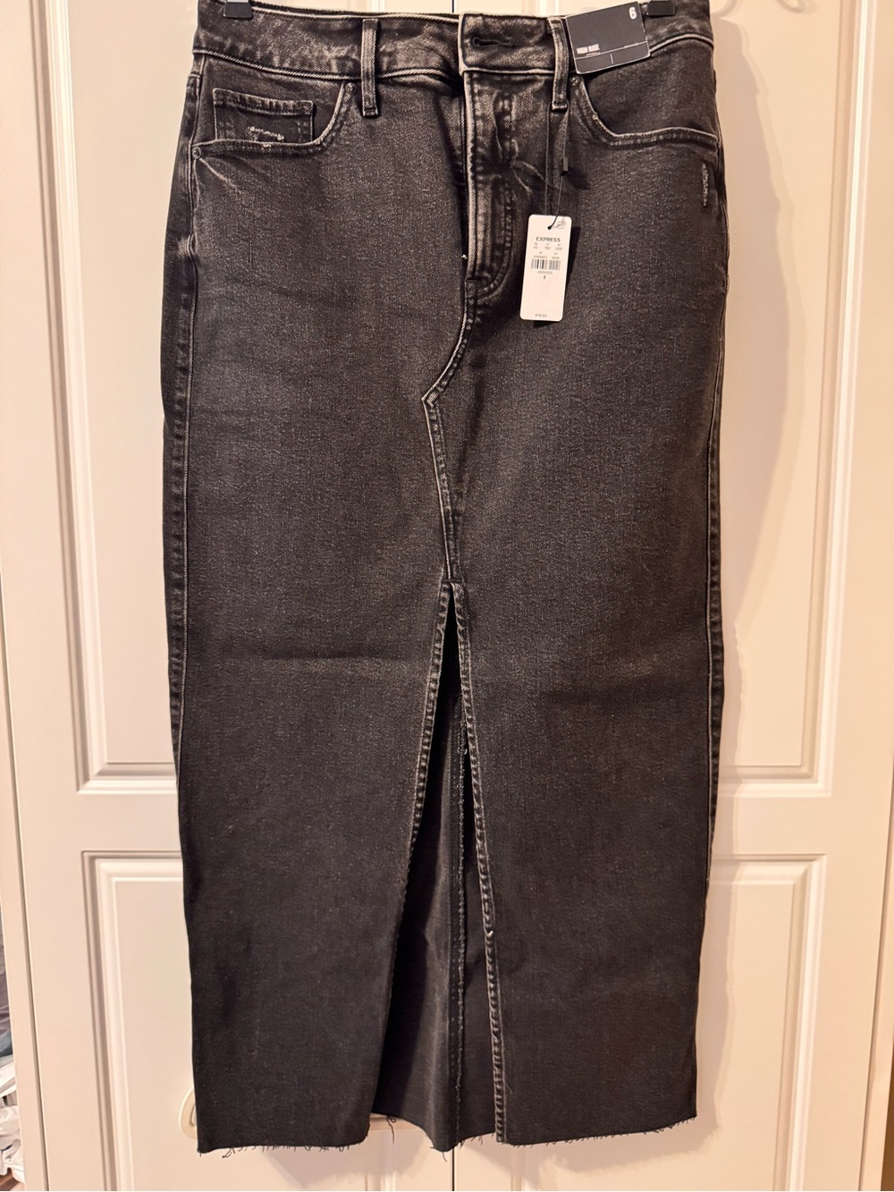 NWT Express Women's Black Straight Denim Midi Skirt with Front Slit